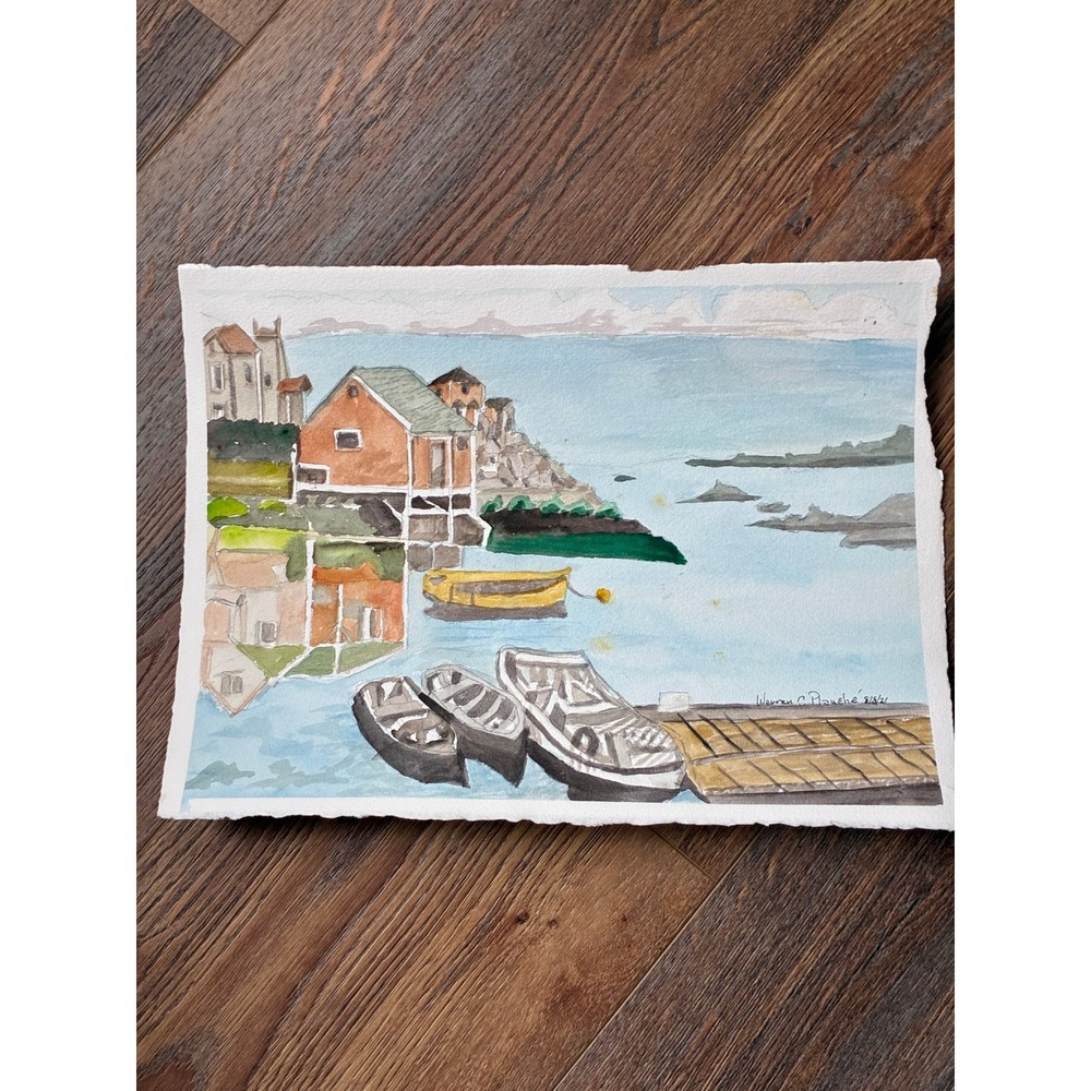 Warren C Plauche Peggys Cove 4 Small Boats Watercolor Painting 2021 Signed